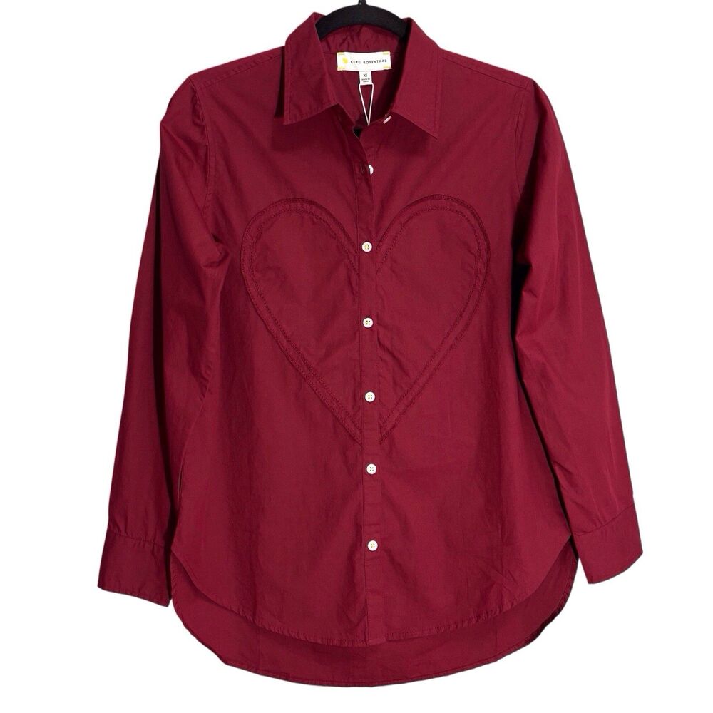 Kerri Rosenthal Mia Max Heart Button Up Shirt Burgundy Red XS 100% Cotton NWT